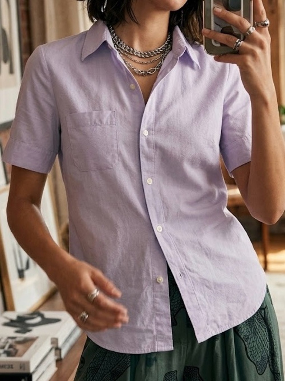VINTAGE 90s 'Gap' Lavender Short Sleeve Cotton Button Up Shirt Size Small